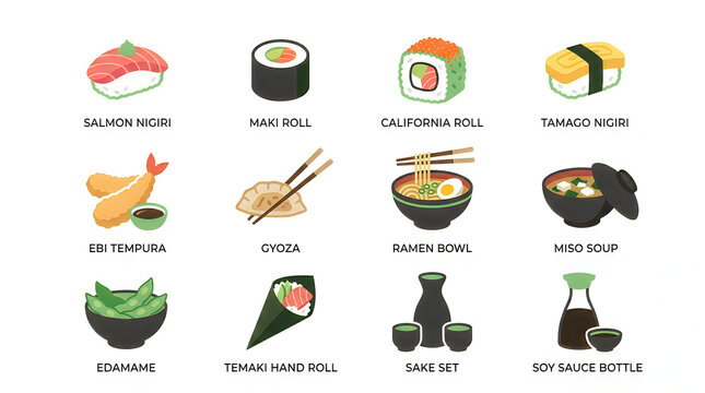 Japanese sushi and ramen dish set with chopsticks and soy sauce bottle