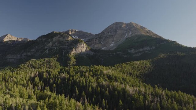 An aerial shot of a forest and  the north side of Mount Timpanogos in the afternoon in Summer, Utah, USA