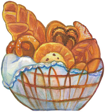 Isolated on a white background, a watercolor raster drawing of a basket with delicious, freshly baked goods: bread, pies, pretzels, and raisin cheesecakes.