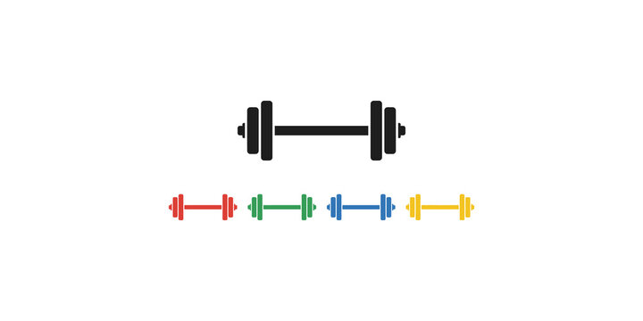 Fitness dumbbell icon set with black and multi colored variants for gym and workout training.
