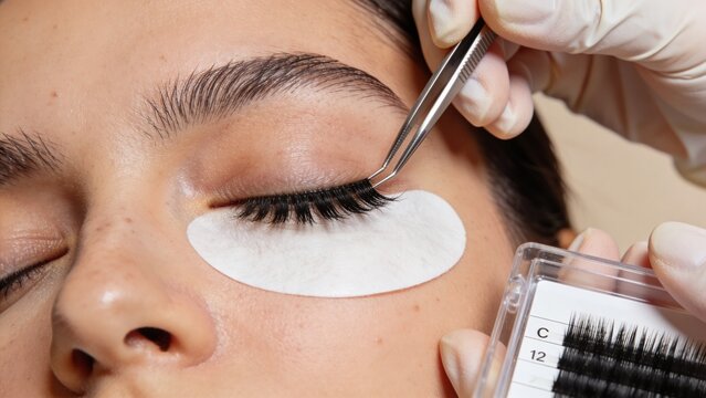 Professional eyelash extension procedure shown in closeup with technician using precision tweezers on client eyelid while white under eye pad protects delicate skin isolated lash fibers held in organ