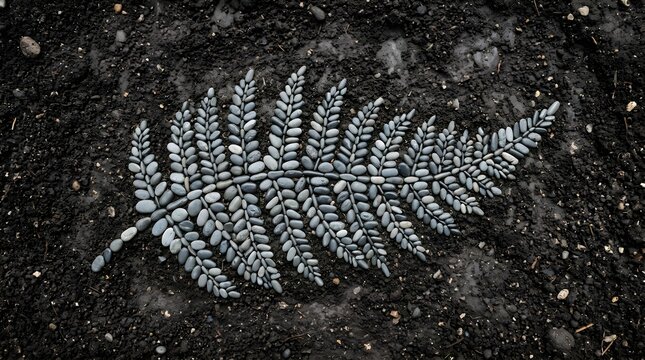 New zealand silver fern created from natural river stones on dark soil background for cultural representation.