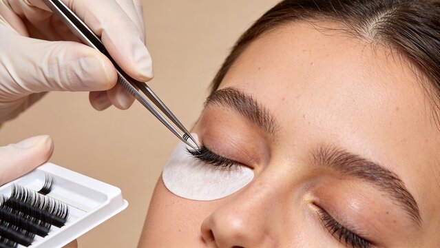 Professional eyelash extension application captured in closeup with beauty technician using precision tweezers to place individual lash fibers onto natural eyelashes while client rests with eyes close