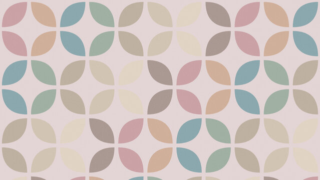 A soothing arrangement of rounded leaf motifs creates a balanced repeating design in dusty pink, sage, teal, beige, and mauve, ideal for modern interiors, textiles, and stationery.