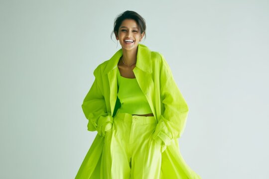 Vibrant model wearing stylish neon green outfit showcasing modern fashion trends and ideas for contemporary wardrobes. Perfect for fashion marketing and branding. Generative AI
