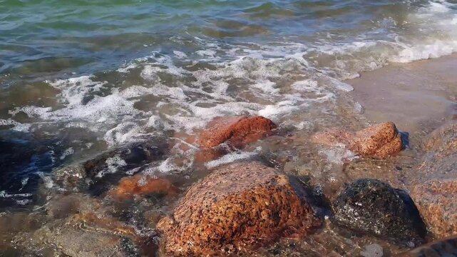 Close-up of calm coastal surf with clear azure sea waves rolling on pebble beach and wet rocks on foreground at sunny summer day on Baltic sea shore. Seaside water surface pattern natural background.