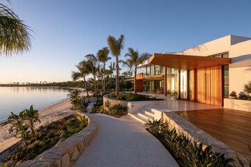 Fototapeta premium Premium beach house with natural materials, glass facades, and serene waterfront setting