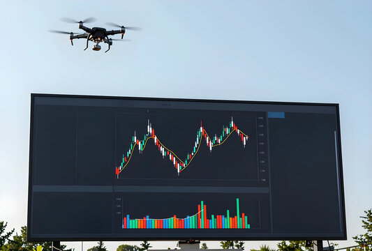 Drone flying above a large outdoor screen displaying financial stock market charts and data analysis, the screen shows candlestick graphs, volume indicators