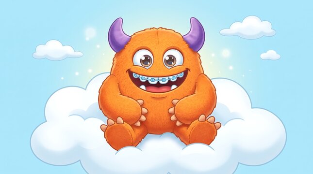Cute orange monster with dental braces sitting on cloud. Friendly furry creature with purple horns. Whimsical mascot for pediatric dentistry.