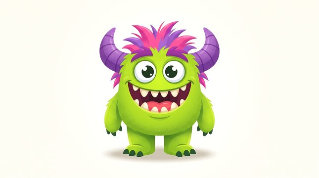 Cute green monster character with purple horns, friendly furry alien mascot, cheerful cartoon creature for kids design