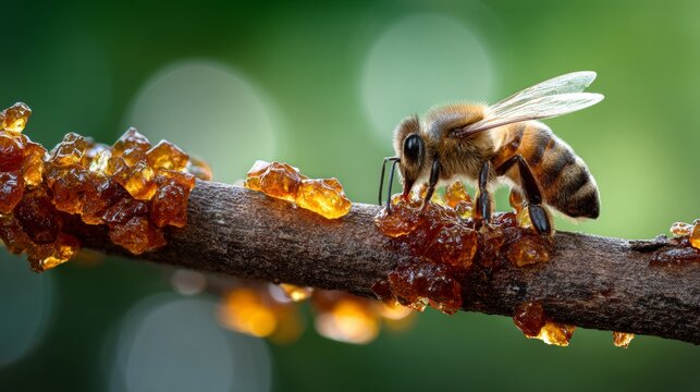 Busy bee gathering sweet nectar from tree sap