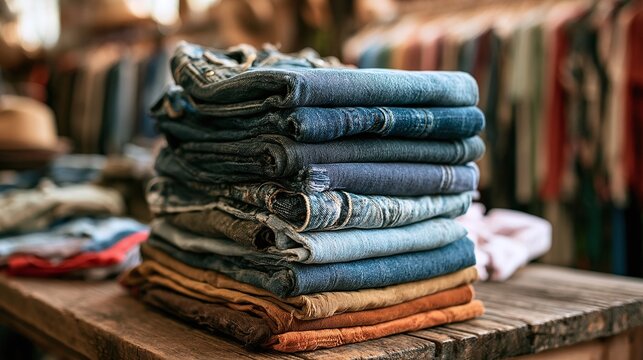 Rustic display of folded denim and textile garments on an aged wooden surface in a softly lit, inviting retail environment, showcasing a spectrum of fabric textures and colors, perfect for fashion, re