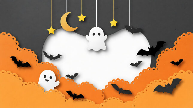 Cute Halloween ghost and bat decorations on a festive orange and gray background.