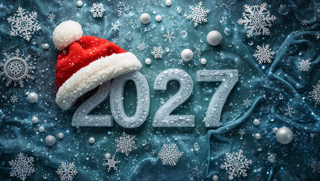 New year 2027 glitter number display with a festive red santa hat and silver snowflakes on a textured blue background celebration snowflakes christmas background seasonal greeting decoration