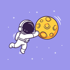 Naklejka premium astronaut,moon,space,cartoon,illustration,cute,floating,purple background,yellow moon,craters,stars,galaxy,cosmos,exploration,adventure,imagination,whimsical,child,