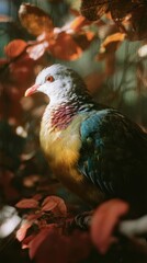 Obraz premium Vibrant bird amid autumn leaves, perfect for a nature-themed mobile wallpaper.
