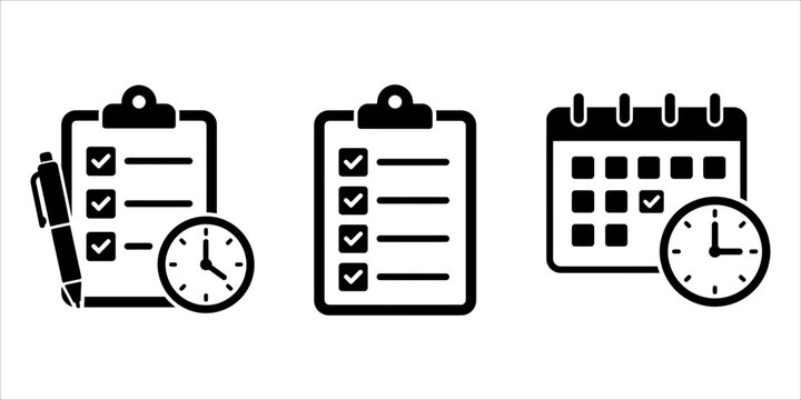 Time management and task scheduling icon set for productivity with checklist