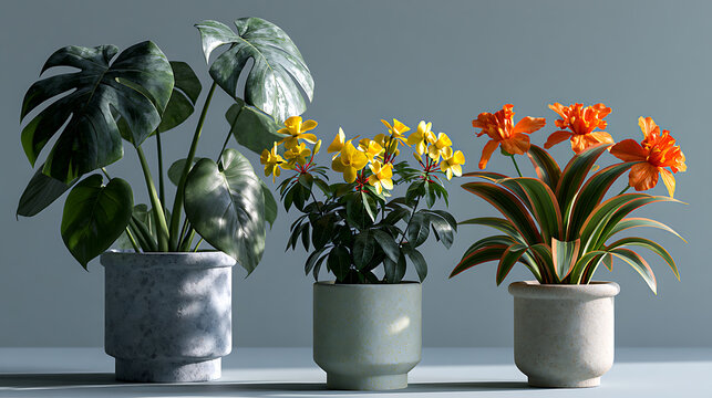 Potted monstera yellow blooms and orange clivia plants in ceramic containers