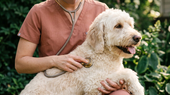 Veterinarian examines a golden doodle dog with a stethoscope outdoors