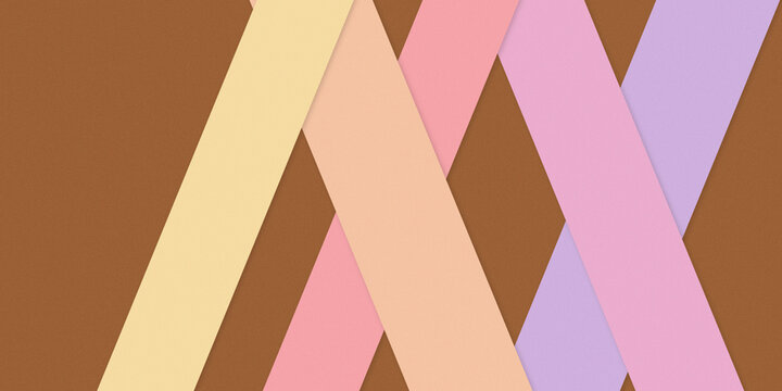Overlapping pastel paper ribbons form a playful geometric composition in pink, peach, lavender, and yellow, creating a soft modern backdrop for stationery, branding, or seasonal design.