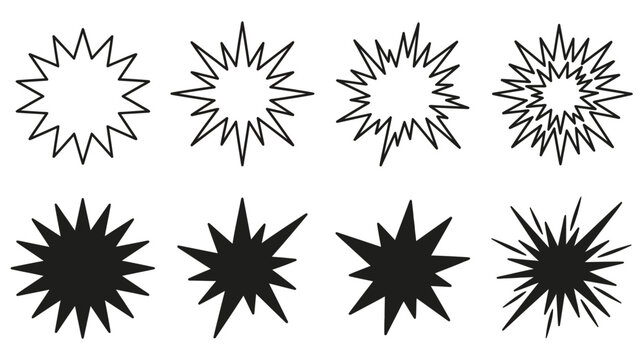 Set of hand drawn starburst shapes and comic book explosion elements isolated on a white background