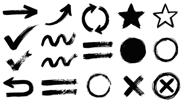 Set of hand drawn grunge brush strokes arrows stars circles and check marks isolated on white background