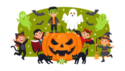 Fototapeta premium Cute Halloween cartoon characters with giant jack o lantern pumpkin ghost vampire and frankenstein vector illustration