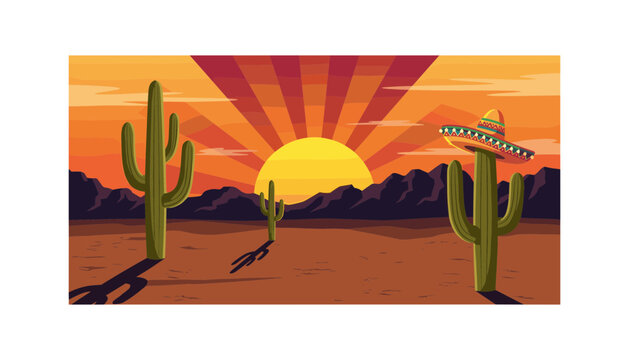 Mexican desert landscape vector background with cactus mountains big rising sun sunburst sky and sombrero hat