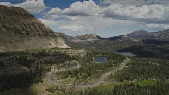 An aerial shot of Mirror Lake hwy and the Uintah mountains at mid day in Summer, Utah, USA