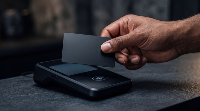 A person holding a black credit card near a payment terminal on a dark textured surface, ad social media download thambnail poster web template event festival 2026 2027 2028