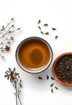 Herbal tea in a ceramic bowl with dried star anise and niger seeds, top view on a white background, this warm beverage offers natural wellness and relaxation