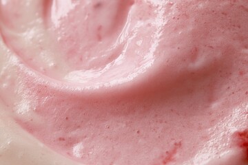Fototapeta premium Close-up of pink creamy yogurt smoothie texture with berry swirls
