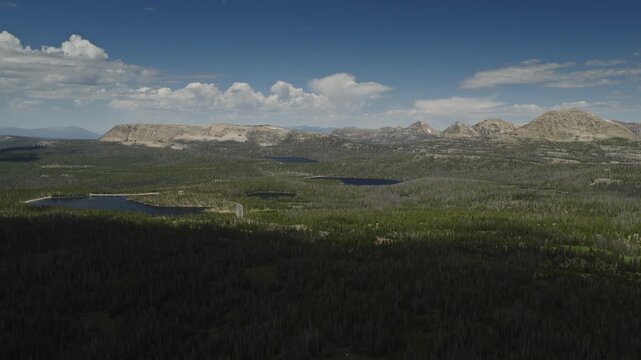 An aerial shot of a forest and the Uintah mountains at mid day in the summer, Utah, USA