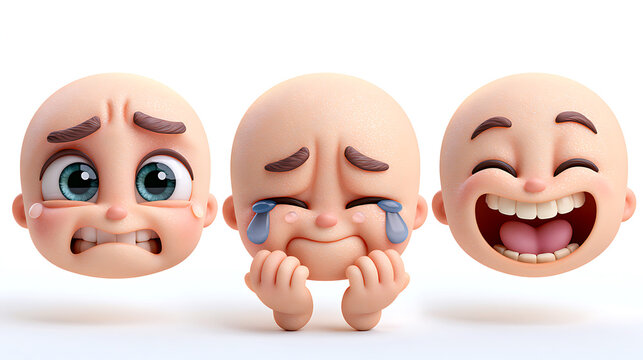Three baby heads display different emotions in a 3d rendering