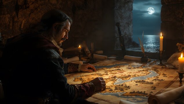 Baroque nobleman with long brown hair, mustache, authentic period clothing inside a candlelit stone chamber of a coastal fortress, studying a large, weathered map spread across a heavy wooden table