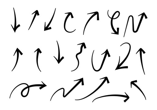 Hand-drawn thin black wavy arrow collection, all pointing left with curved and squiggly line styles. Ideal for infographics, presentations, navigation design, and educational design projects.