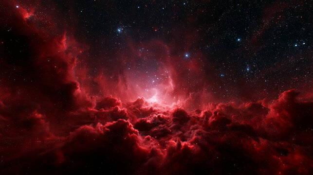 Red Cosmic Nebula with Bright Glowing Stars in Outer Space