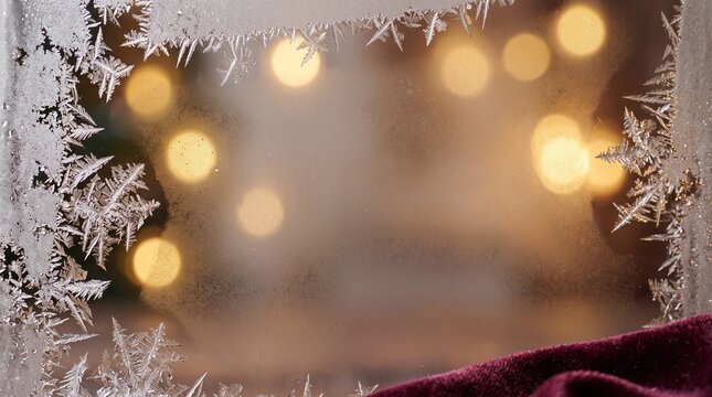 Frosted window pane with ice crystals and blurred golden holiday lights background
