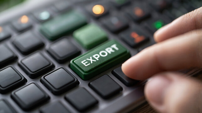 Hand reaching for export key on keyboard with import option showing international business trade decision and global commerce