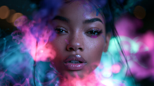 Creative Beauty Portrait of Young Woman Surrounded by Colorful Neon Smoke