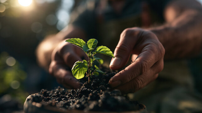 Gardener Hands Planting Small Green Sprout in Rich Soil