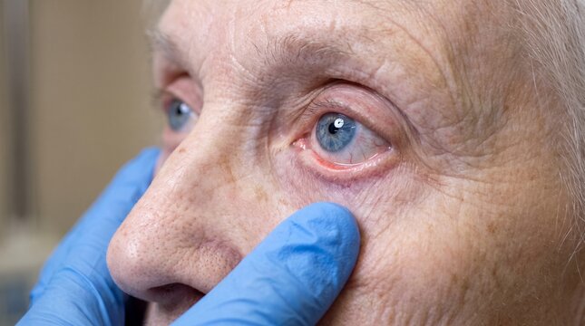 Ophthalmology: Clinician gently examines an older patient's lower eyelid during ocular assessment