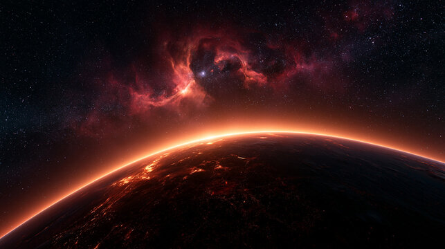 Planet Horizon with Glowing City Lights and Red Nebula in Space