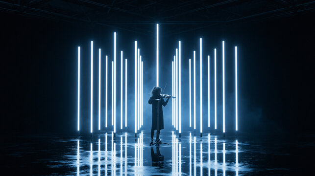 Silhouette of Violinist Playing Violin with Neon Light Tubes