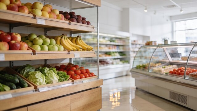 Fresh produce grocery store display featuring abundant colorful fruits vegetables apples oranges bananas lettuce carrots tomatoes peppers cucumbers potatoes broccoli cauliflower onions leafy greens 