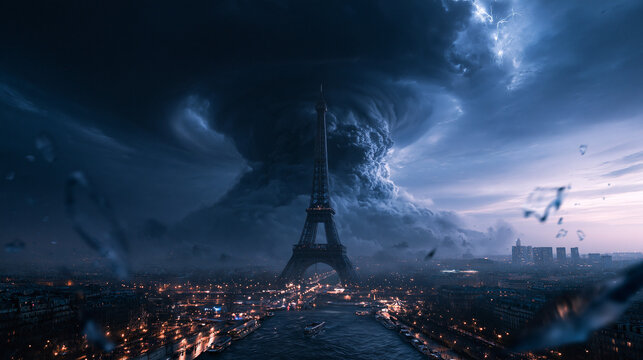 Eiffel Tower in Paris During Dramatic Storm and Apocalypse
