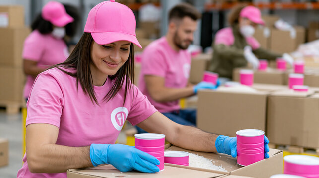 Diverse volunteers packing canned food and rice into donation boxes in warehouse for charity drive