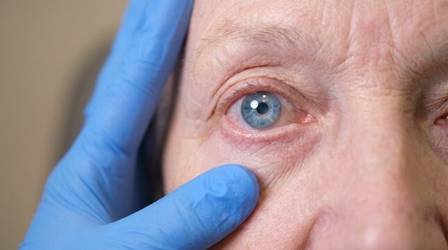 Ophthalmology: Doctor examines reddened lower eyelid of senior man during eye checkup