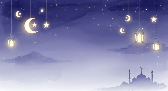 Watercolor illustration of crescent moons stars and lanterns with a mosque silhouette