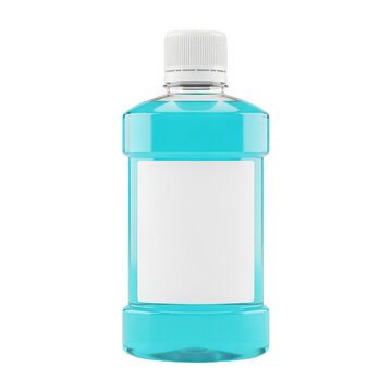 A bottle of mouthwash with a white label